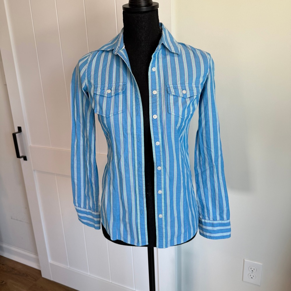 Aeropostale Y2K Womens XS Blue White Striped Long Sleeve Button Down Shirt